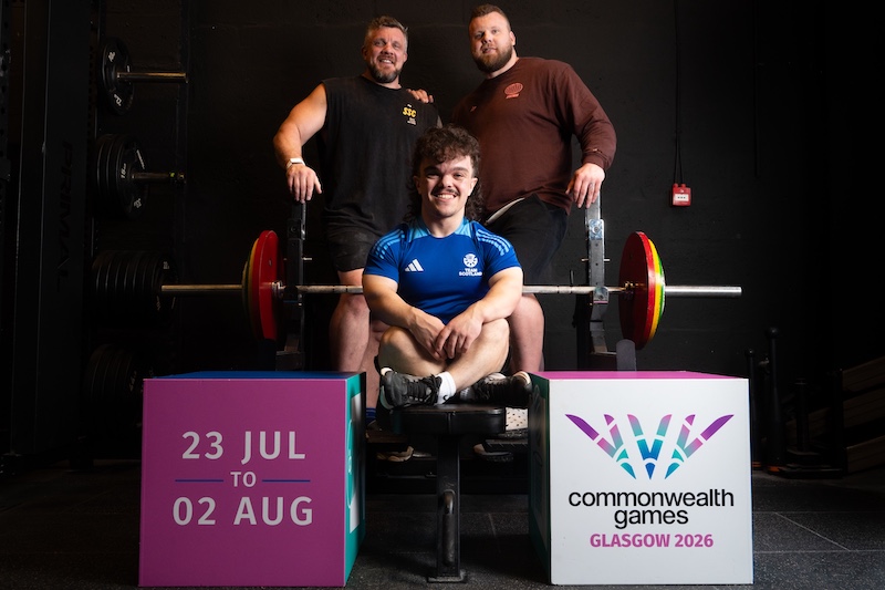 Scottish para powerlifter Finlay Davidson trains with the world’s strongest brothers, Tom Stoltman and Luke Stoltman, at their gym in Invergordon, Scotland, ahead of the Commonwealth Games in Glasgow. © Michael Traill